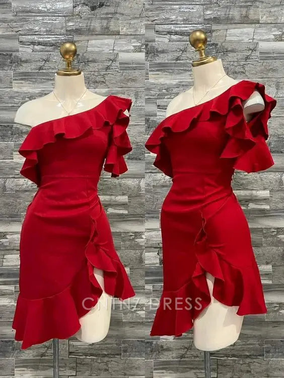 Wholesa A-line One Shoulder Red Homecoming Dress formal dresses Bridesmaid Dresses evening gown Prom Dress