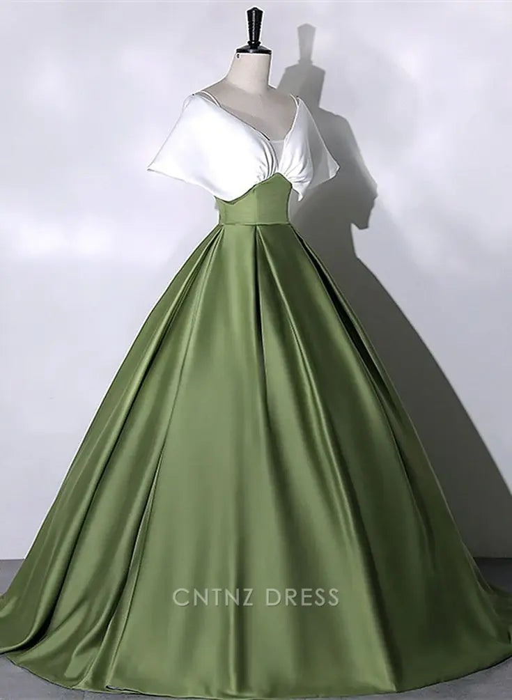 Wholesa A-line Green and White Satin Long formal dresses Bridesmaid Dresses evening gown Prom Dress