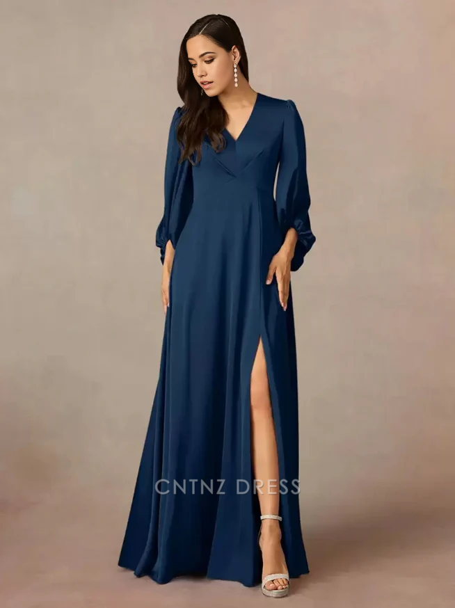 Wholesa A-Line V-Neck 3/4 Length Sleeves Pleated Floor-Length Wedding Guest Dresses Mother of the Bride Dresse