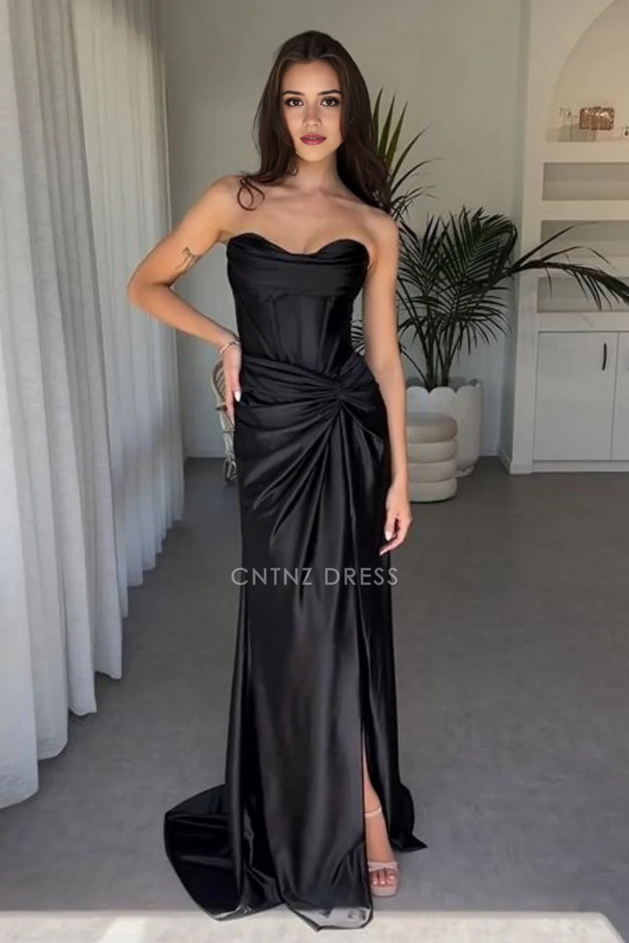 CNTNZ DRESS Chic Satin Mermaid Strapless Ruched Empire Side Fork Party Elegant Hot Sale Prom Dress