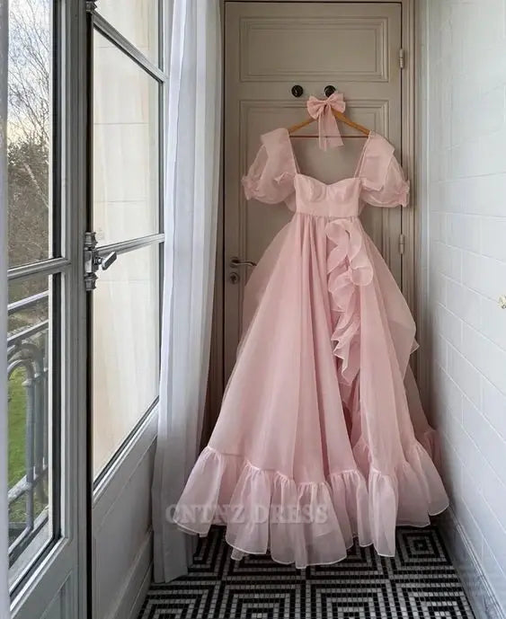 Wholesa A Line Elegant Square Neckline Blush Pink Ruffles Organza Long formal dresses Bridesmaid Dresses evening gown Prom Dress