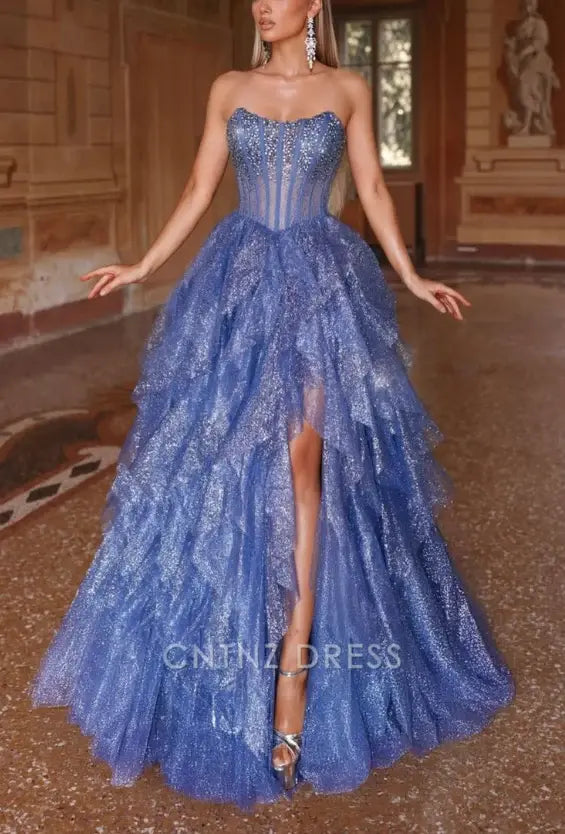 Wholesa A Line Strapless Beaded Tulle Slit formal dresses Bridesmaid Dresses evening gown Prom Dress