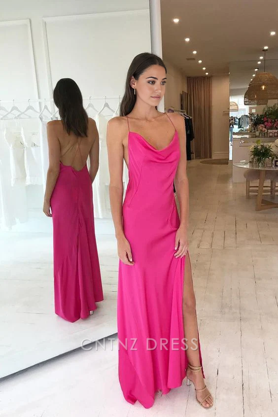 Wholesa Simple Hot Pink Satin Criss Cross Long formal dresses Bridesmaid Dresses evening gown Prom Dress With Slit