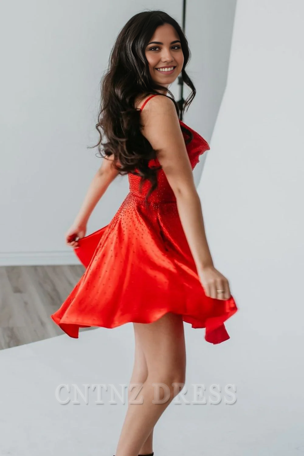 Wholesa A-Line Sparkly Spaghetti Straps Short Beaded Red formal dresses evening gown Prom Dress Homecoming Dress