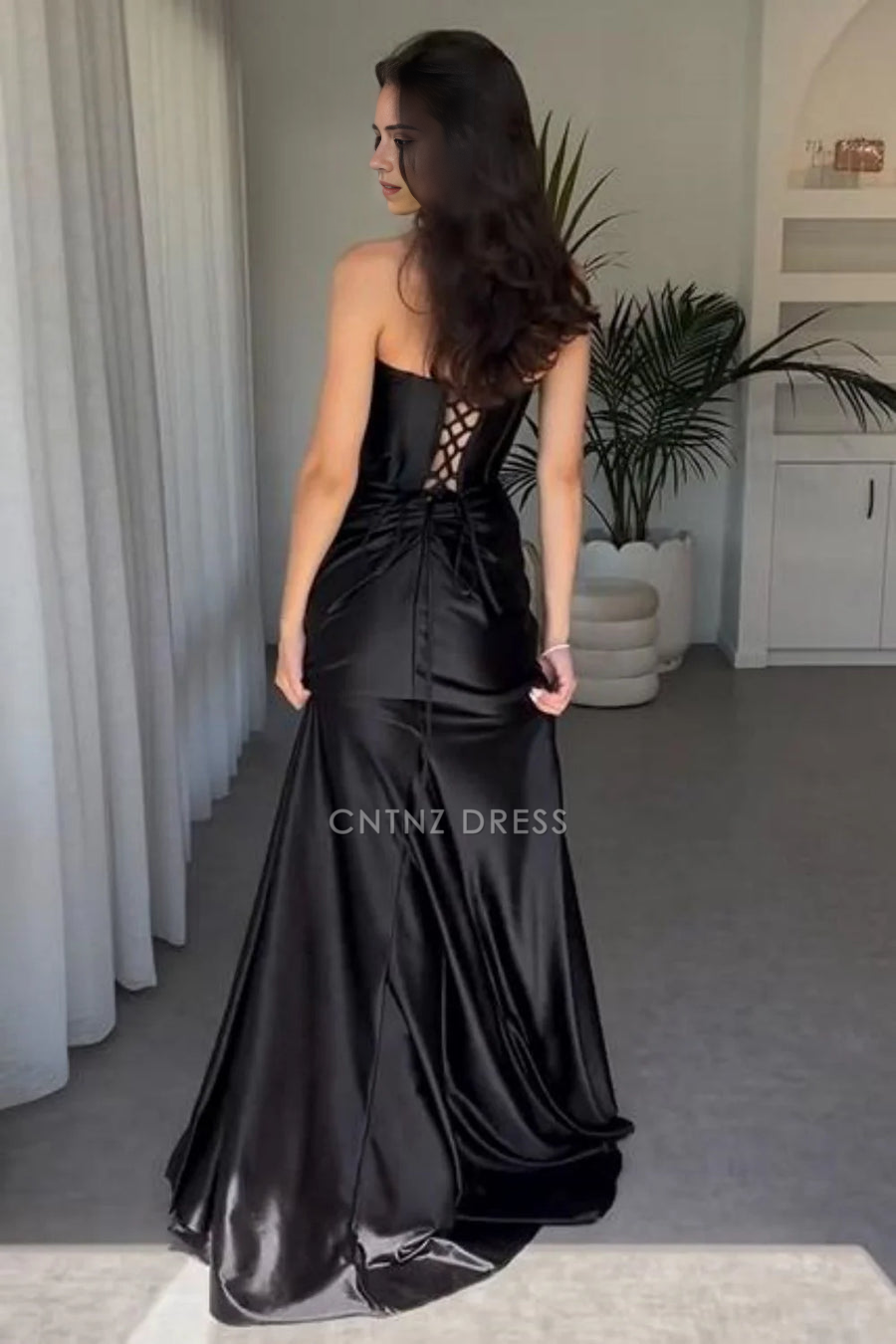 CNTNZ DRESS Chic Satin Mermaid Strapless Ruched Empire Side Fork Party Elegant Hot Sale Prom Dress