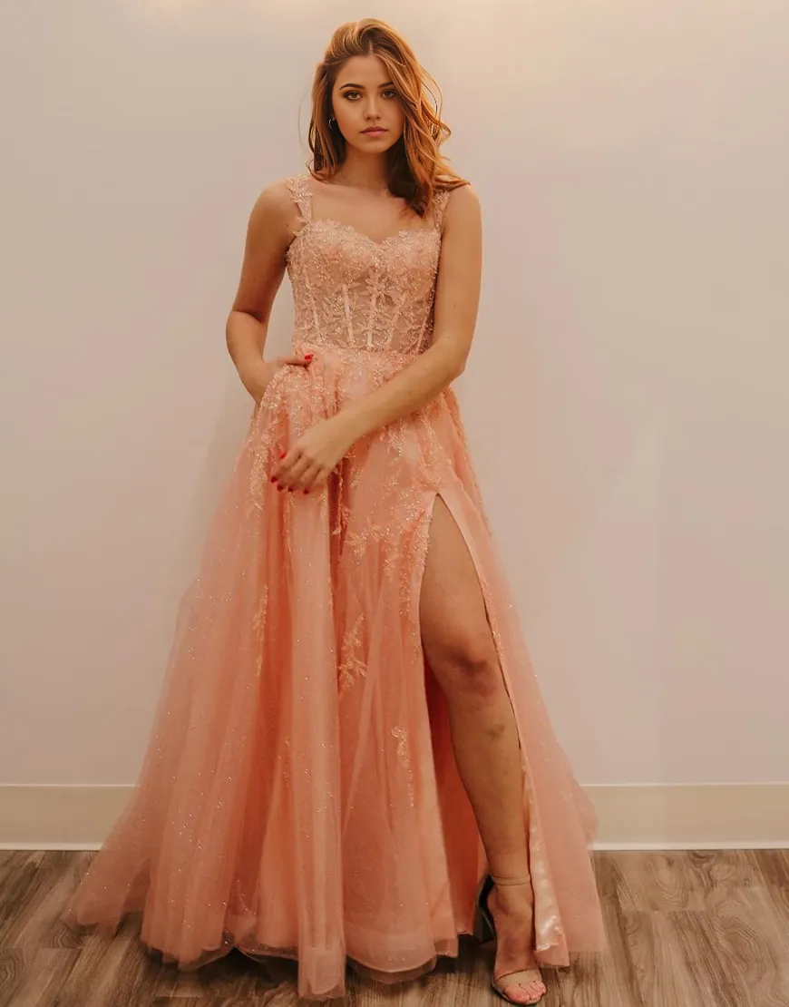 Wholesa A-Line Spaghetti Straps Appliques formal dresses evening gown Prom Dress With Beading