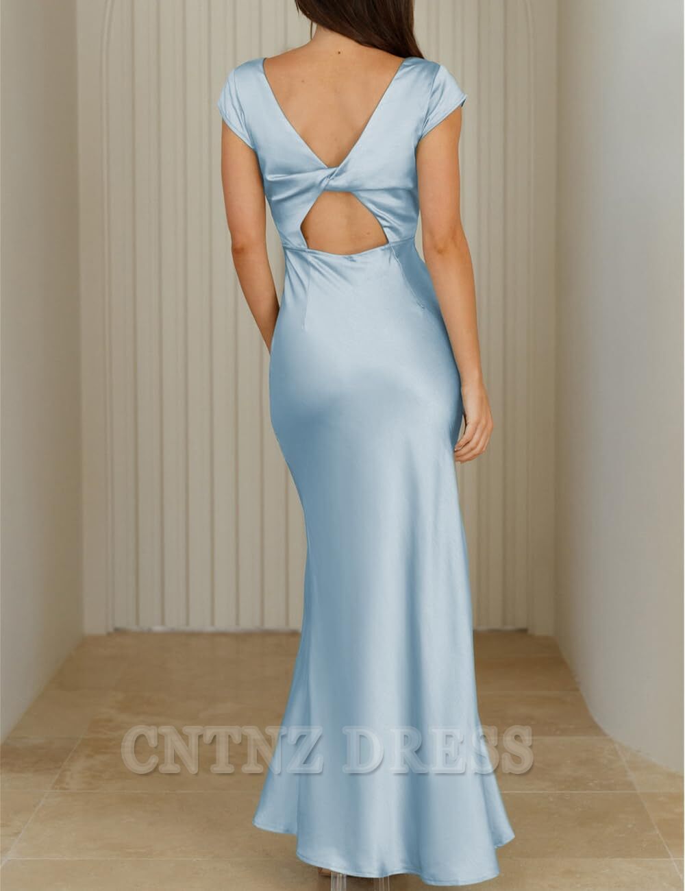 Wholesa Mermaid Elegant V Neck Cap Sleeve Satin Backless formal dresses Bridesmaid Dresses evening gown Prom Dress