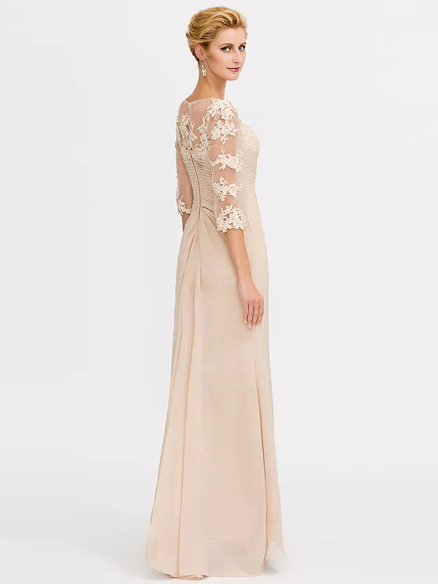 Wholesa Mother of the Bride Dress Elegant See Through V Neck Floor Length Chiffon Sheer Lace Half Sleeve with Appliques Side Draping