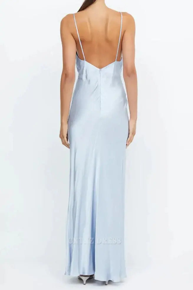 Wholesa Sheath Deep V-Neck Satin Blue Sleeveless Sheath Long formal dresses Bridesmaid Dresses evening gown Prom Dress