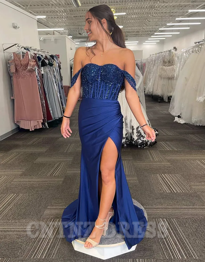 Wholesa Mermaid Sparkly Off the Shoulder Corset Navy Long formal dresses evening gown Prom Dress with Slit