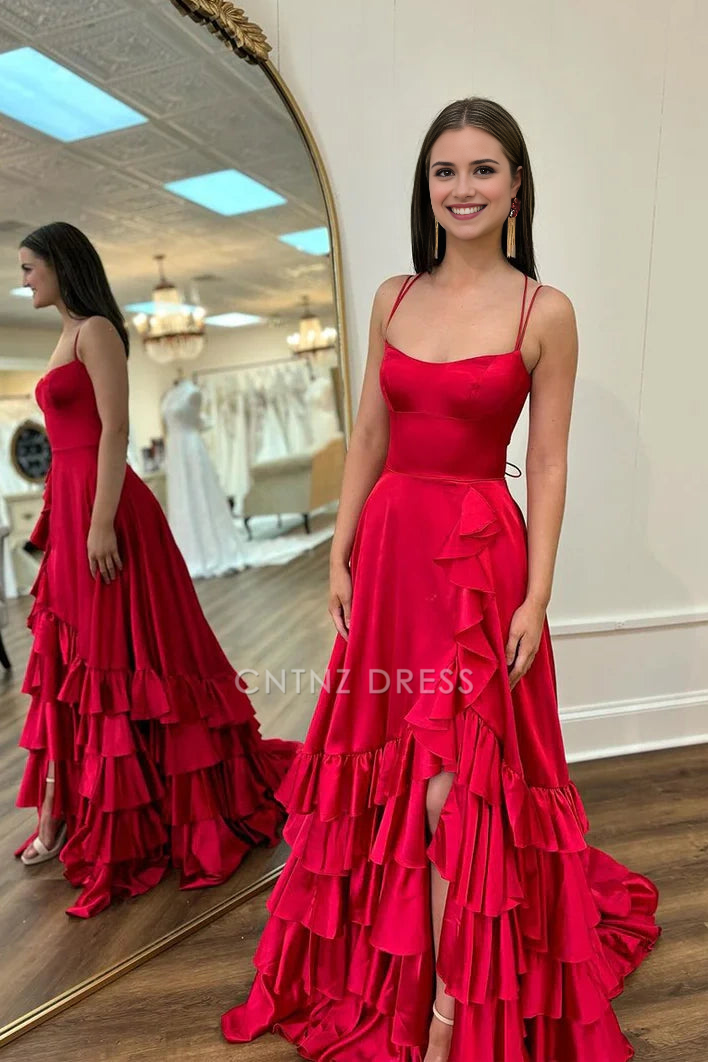 CNTNZ DRESS Exquisite A Line Spaghetti Straps Ruched Tiered Backless Side Fork Satin Party Fashion Hot Sale Prom Dress