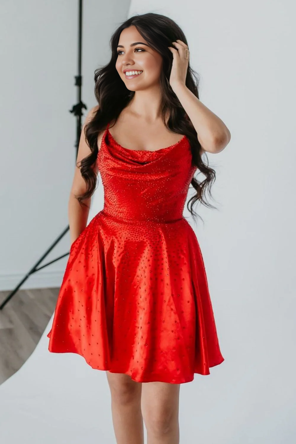 Wholesa A-Line Sparkly Spaghetti Straps Short Beaded Red formal dresses evening gown Prom Dress Homecoming Dress