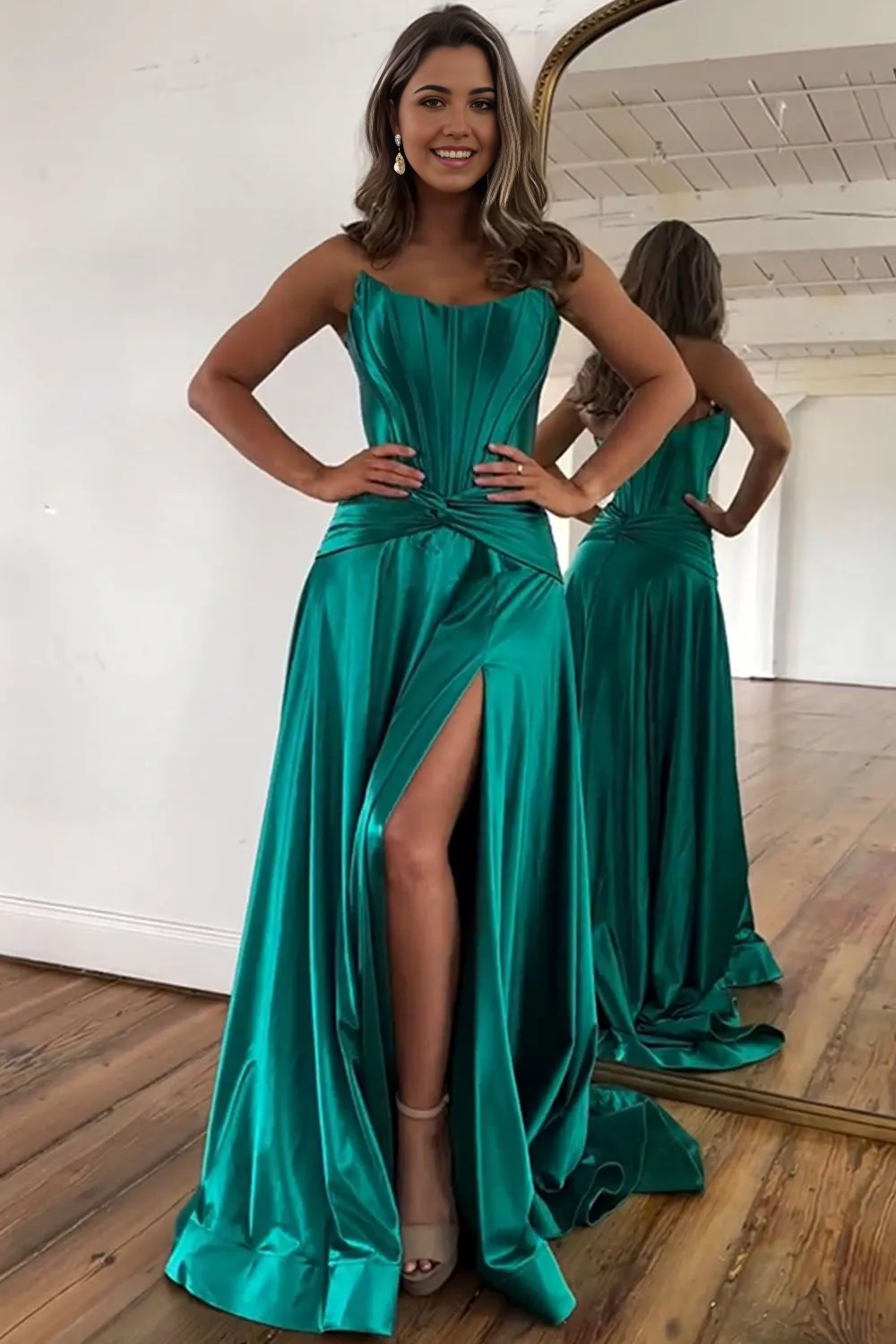Wholesa A-Line Strapless Zipper Back Long Satin Green formal dresses evening gown Prom Dress With Split