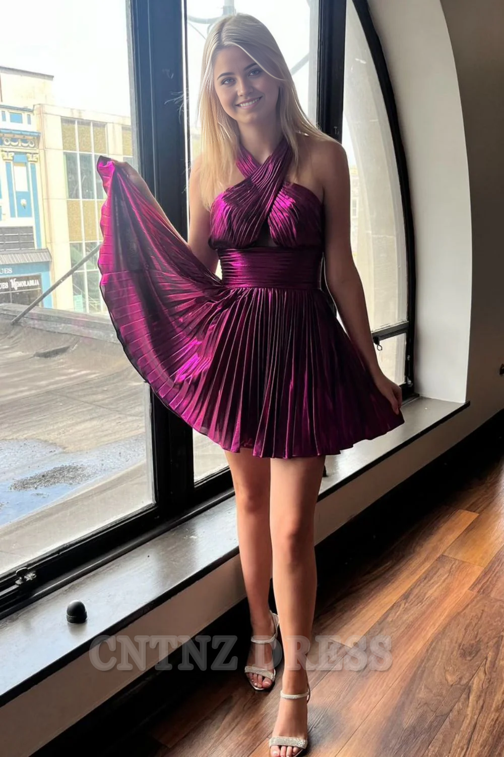 Wholesa A-Line Halter Neck Short Metallic Gold formal dresses evening gown Prom Dress Homecoming Dress