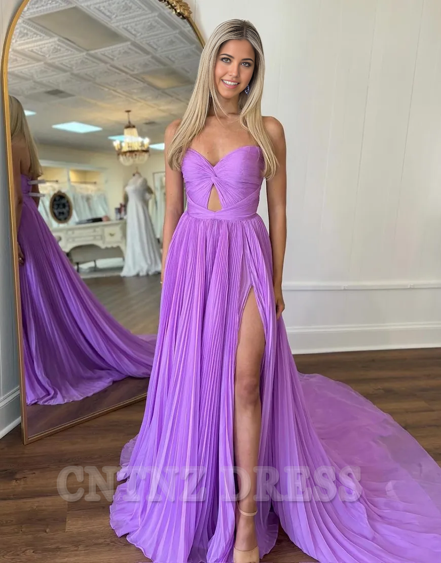 Wholesa A-Line Strapless Ruched Hollow Out Purple Long formal dresses evening gown Prom Dress with Slit