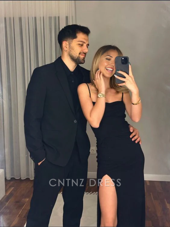 Wholesa Sheath Simple Spaghetti Straps Black Long formal dresses Bridesmaid Dresses evening gown Prom Dress With Split