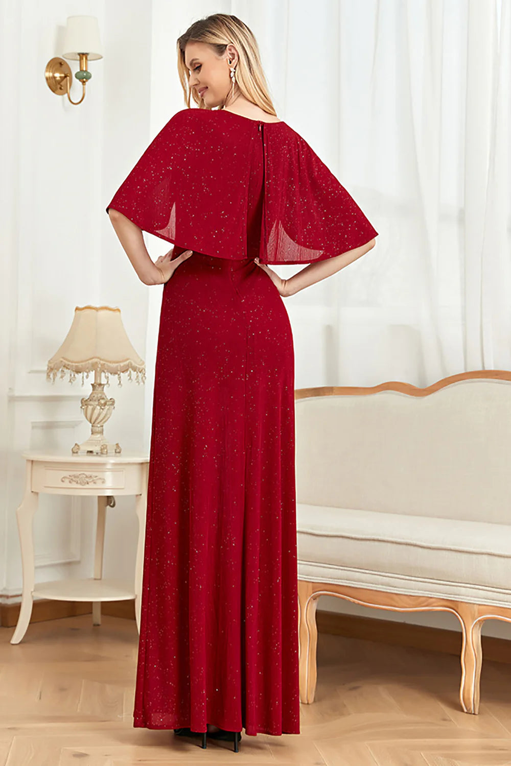 Wholesa Glitter V-Neck Mother of the Bride Dress with Cape