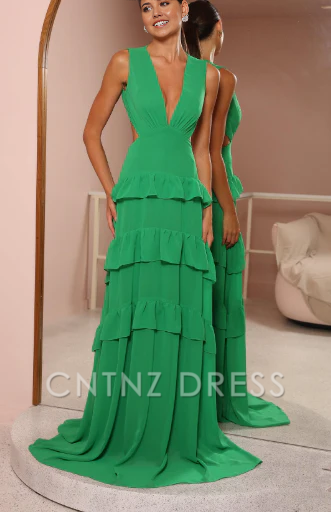 Wholesa A-line Deep V Neck Backless Layered Ruffles Emerald Green formal dresses Bridesmaid Dresses evening gown Prom Dress