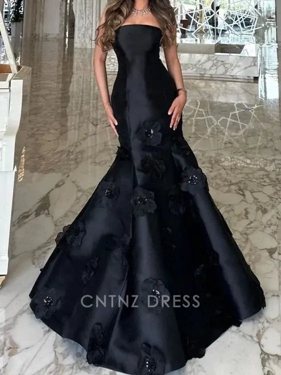 Wholesa Mermaid Strapless Flowers Black formal dresses Bridesmaid Dresses evening gown Prom Dress