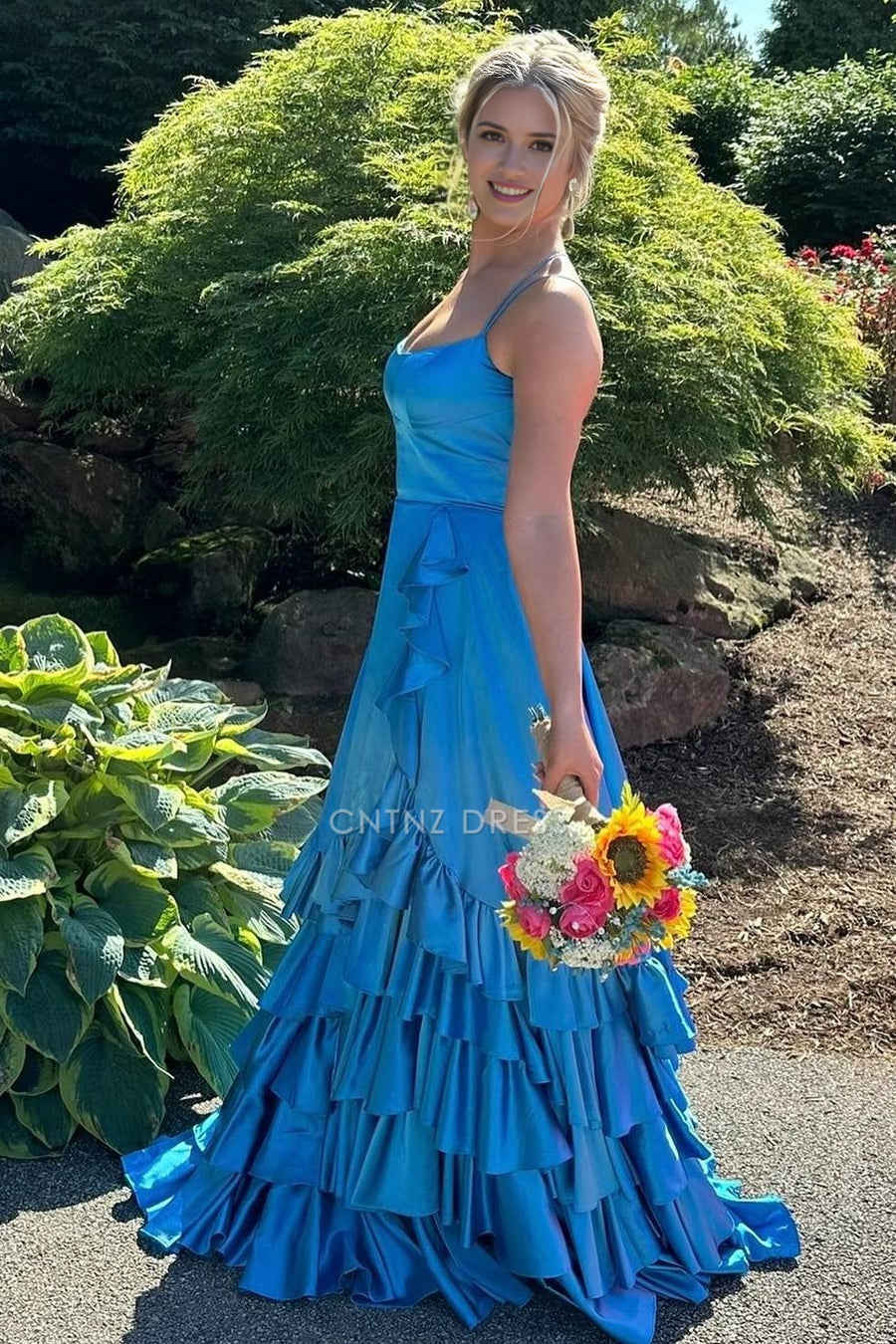 CNTNZ DRESS Exquisite A Line Spaghetti Straps Ruched Tiered Backless Side Fork Satin Party Fashion Hot Sale Prom Dress