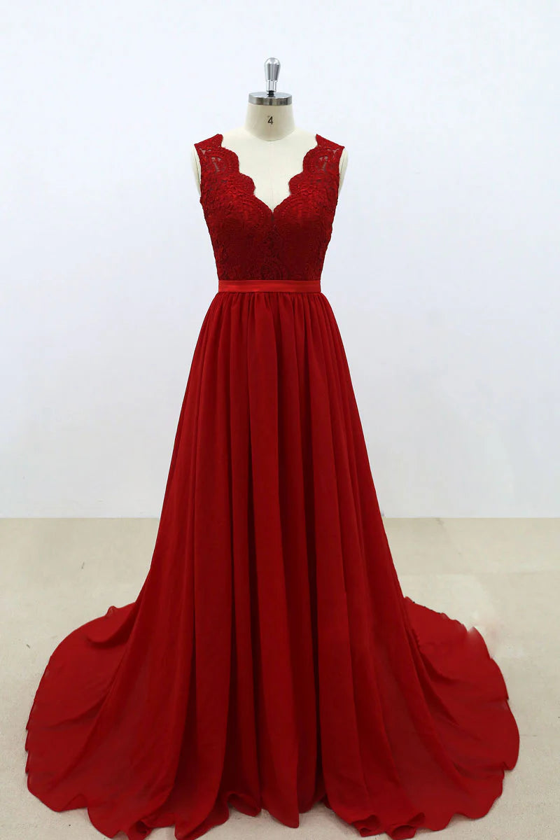 Wholesa V Neck Lace Chiffon Long Prom Dress