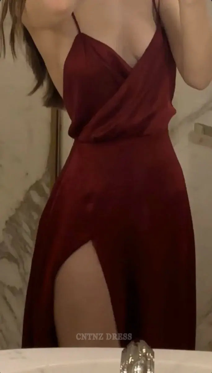 Wholesa A line Spaghetti Straps Red Satin formal dresses Bridesmaid Dresses evening gown Prom Dress