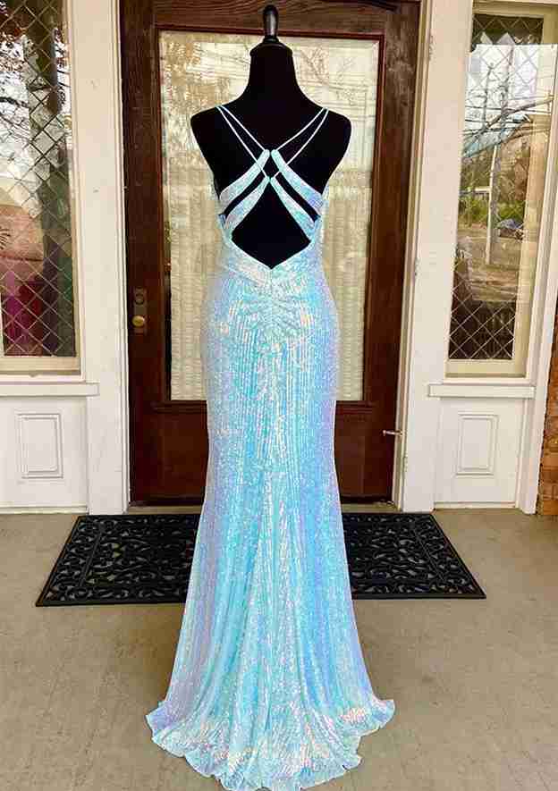 Wholesa Sheath V-Neck Spaghetti Straps Sweep Floor-Length Long Prom Dresses