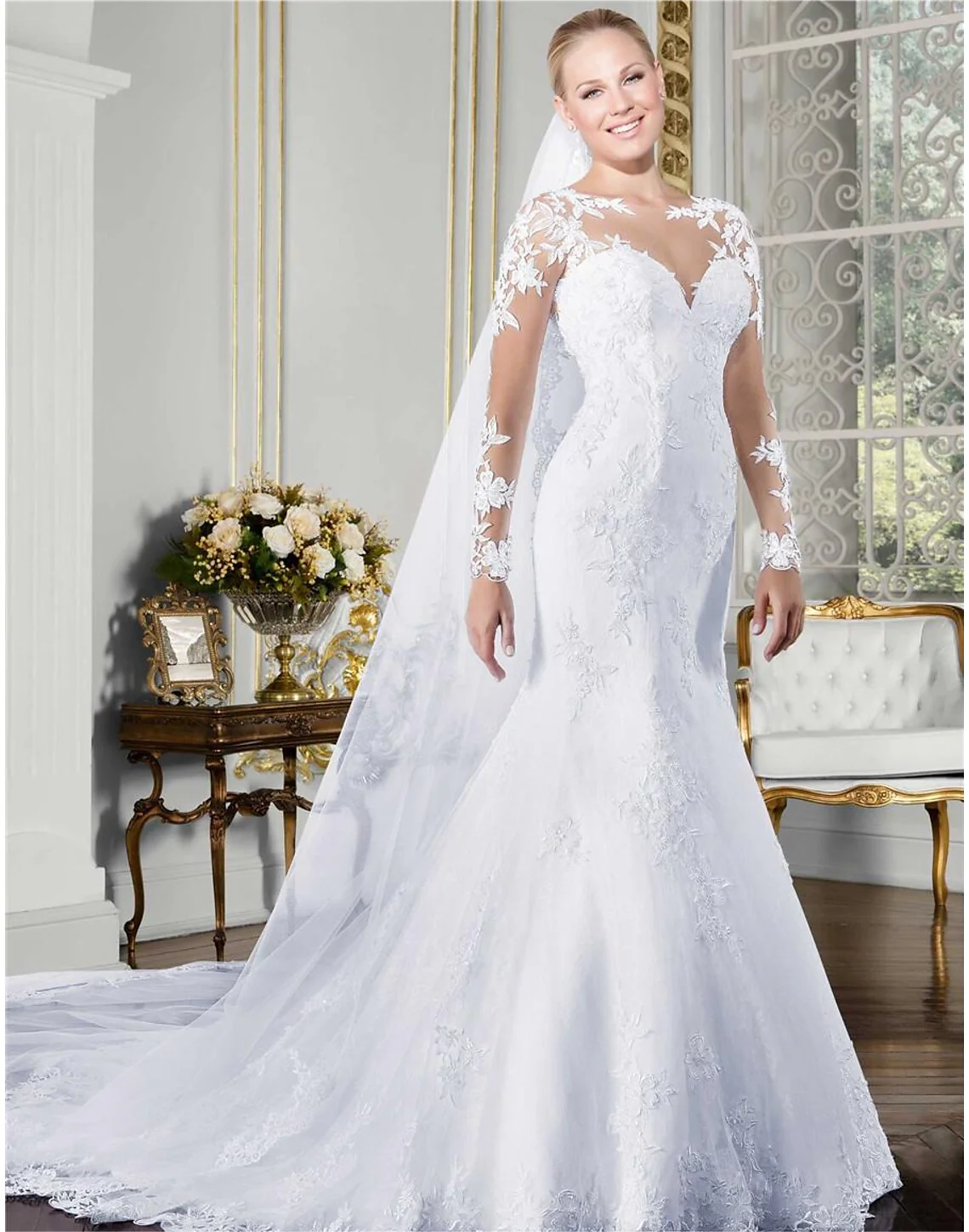 wholesale  Engagement Formal Fall Wedding Dresses Mermaid / Trumpet Illusion Neck Long Sleeve Court Train Lace Bridal Gowns