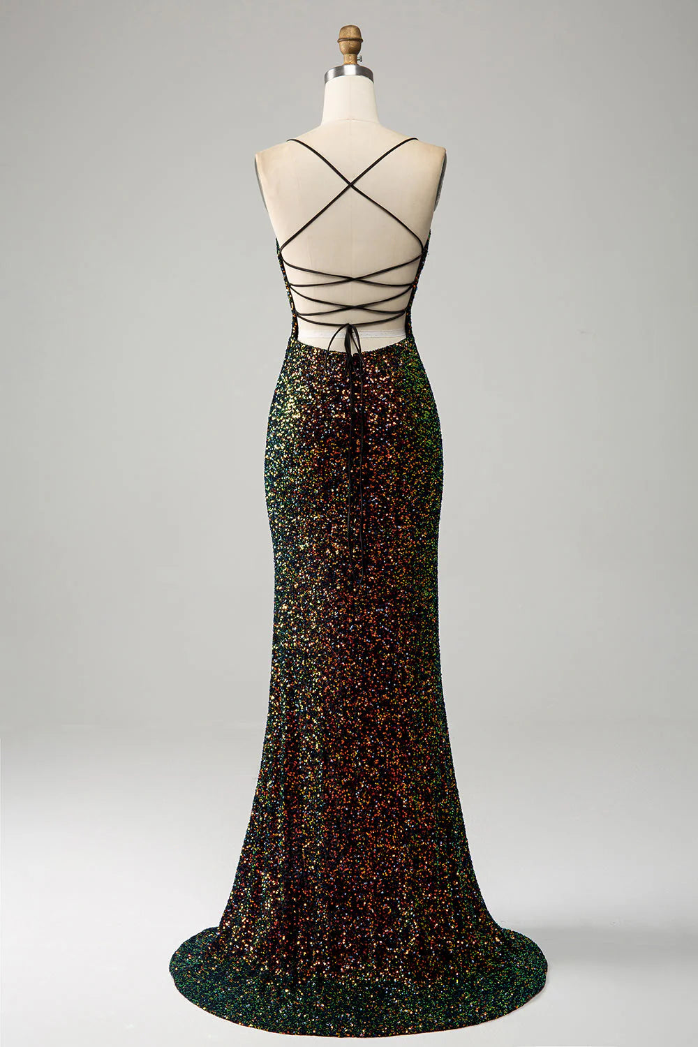 Wholesa Mermaid Glitter Spaghetti Straps Sequins Prom Dress with Slit