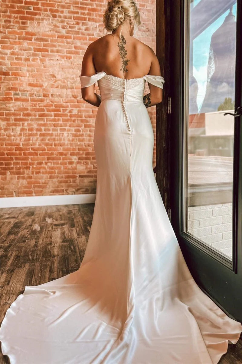 Wholesa Mermaid Off-the-Shoulder Pearls Long Wedding Dress