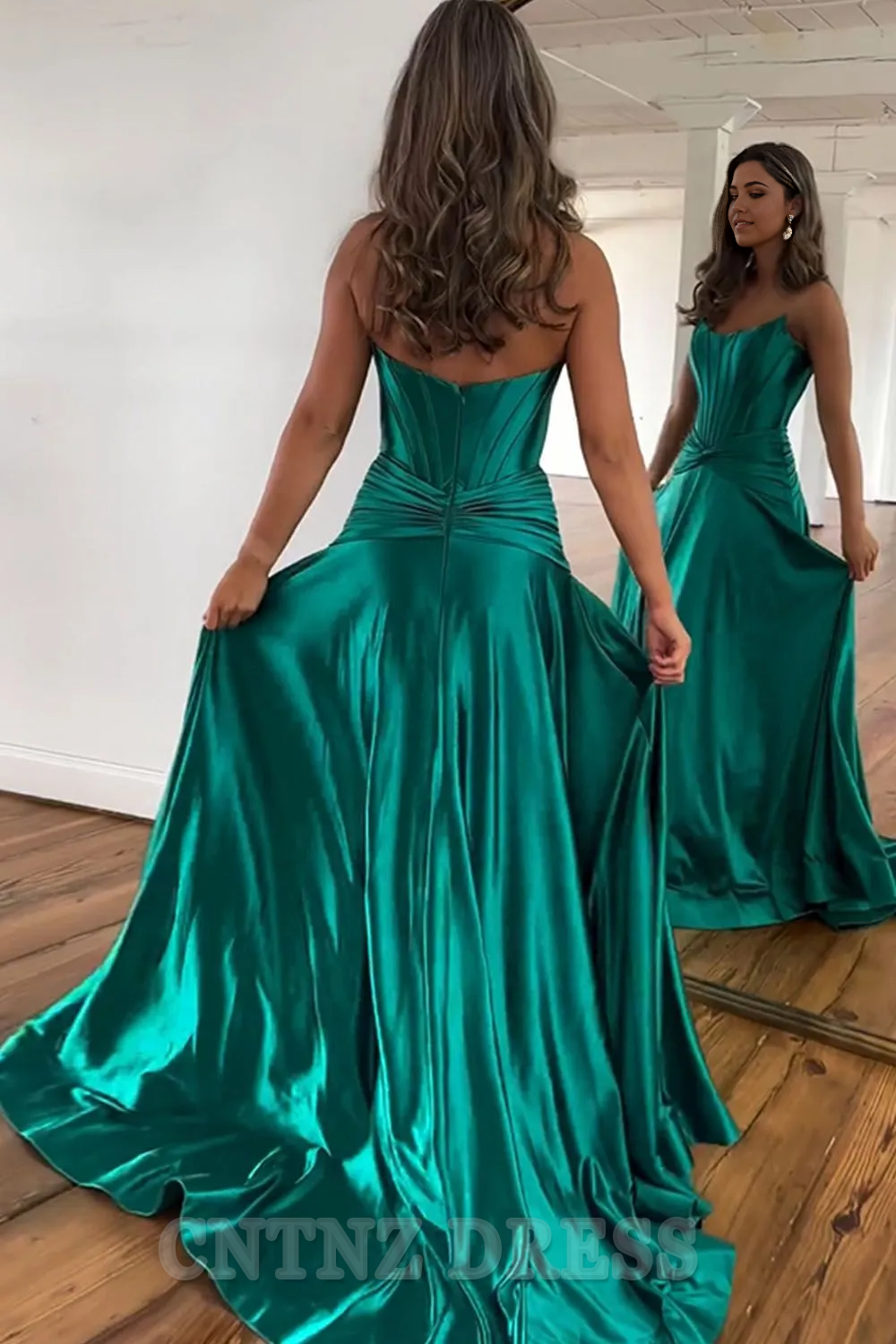 Wholesa A-Line Strapless Zipper Back Long Satin Green formal dresses evening gown Prom Dress With Split
