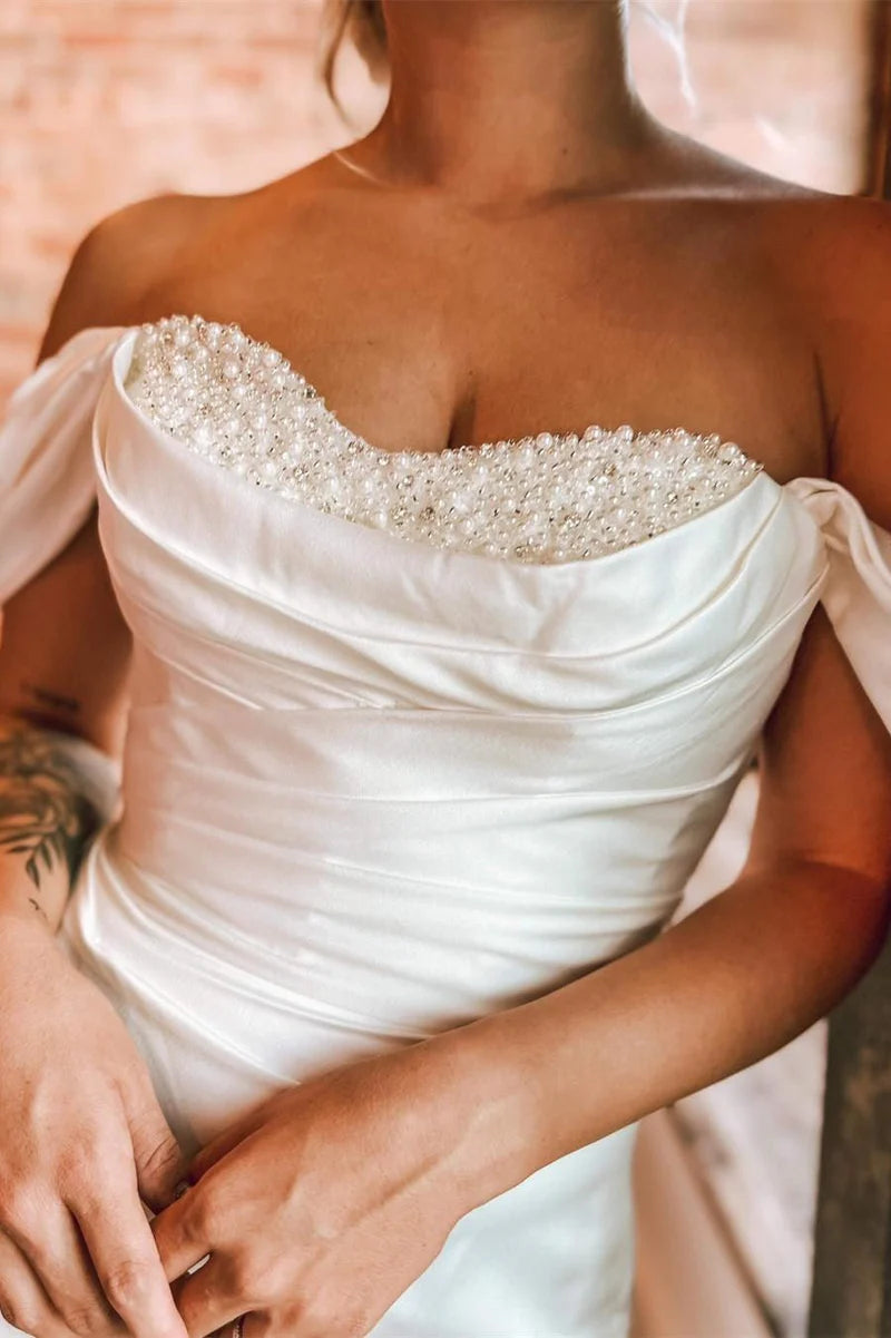 Wholesa Mermaid Off-the-Shoulder Pearls Long Wedding Dress