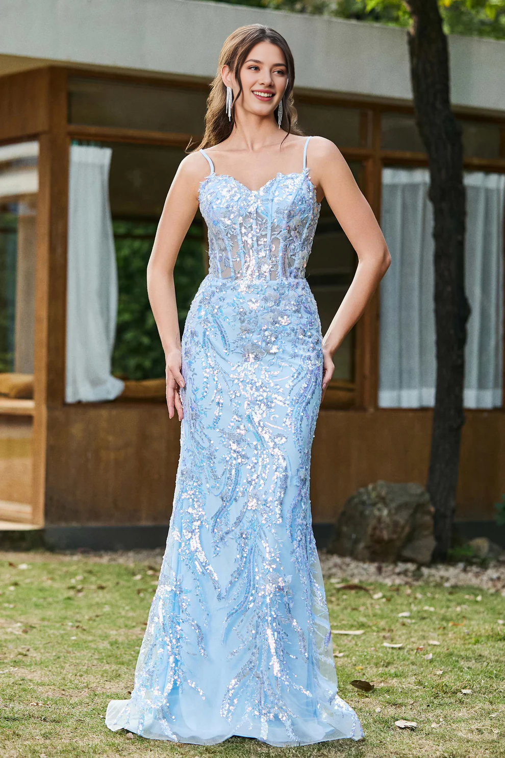 Gorgeous Sheath Spaghetti Strap Sweetheart Neck Sheer Bodice Sequins Backless Discount Exquisite Party Dress Hot Sale Prom Dresses