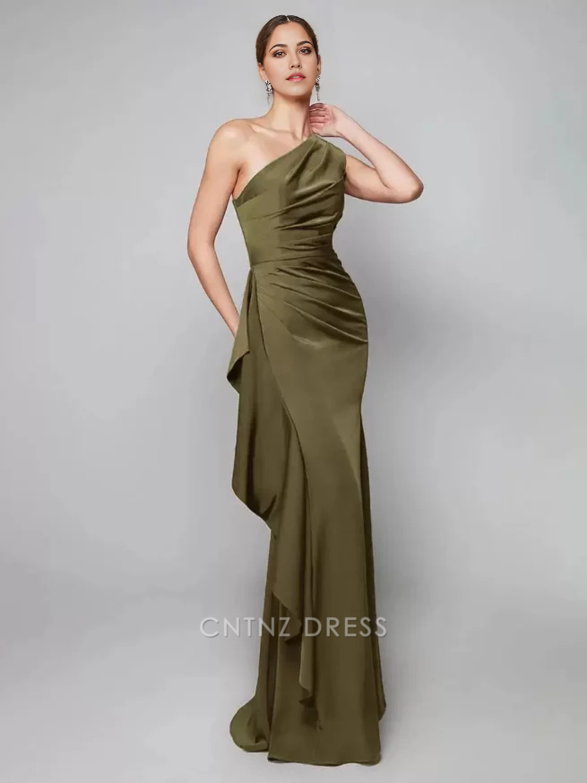 Wholesa Mermaid Sheath One-Shoulder Pleated Sweep Asymmetrical Guest Dresses Mother of the Bride Dresse