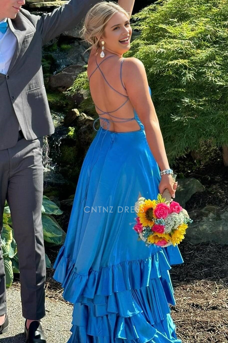 CNTNZ DRESS Exquisite A Line Spaghetti Straps Ruched Tiered Backless Side Fork Satin Party Fashion Hot Sale Prom Dress