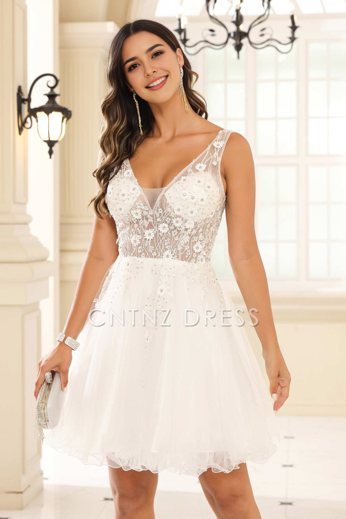CNTNZ DRESS Exquisite A-line V-neck Sleeveless Applique Tulle Romantic Mini Dress Hot Sale Homecoming Dress