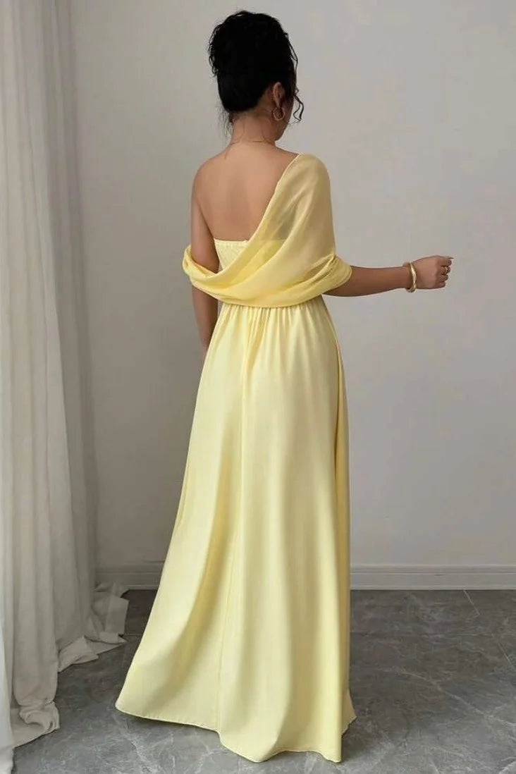 Yellow A Line One Shoulder Sleeveless Pleated With Split Elegant Simple Evening Gowns Fashion Long Prom Dress