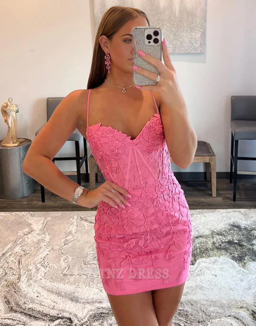 Wholesa Sheath V Neck Spaghetti Straps Lace Sexy Homecoming Dress formal dresses Bridesmaid Dresses evening gown Prom Dress With Applique