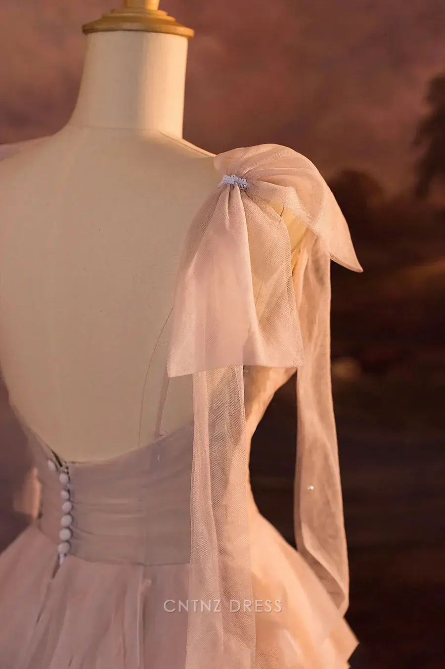 Wholesa A-line V-Neck Light Pink Tulle Sequins tiered formal dresses Bridesmaid Dresses evening gown Prom Dress