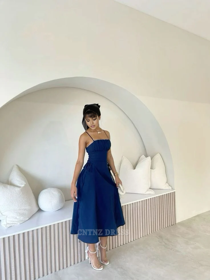 Wholesa A line Simple Spaghetti Straps Blue Sleeveless formal dresses Bridesmaid Dresses evening gown Prom Dress