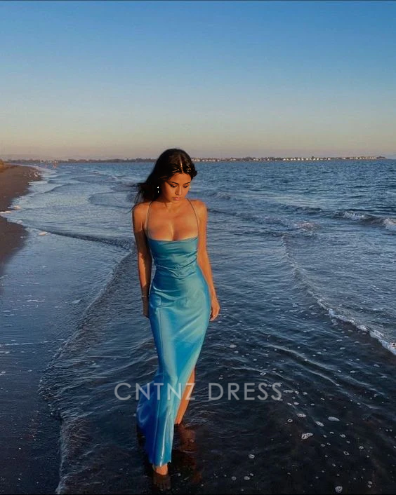 Wholesa Sheath Elegant Spaghetti Straps Blue formal dresses Bridesmaid Dresses evening gown Prom Dress With Split