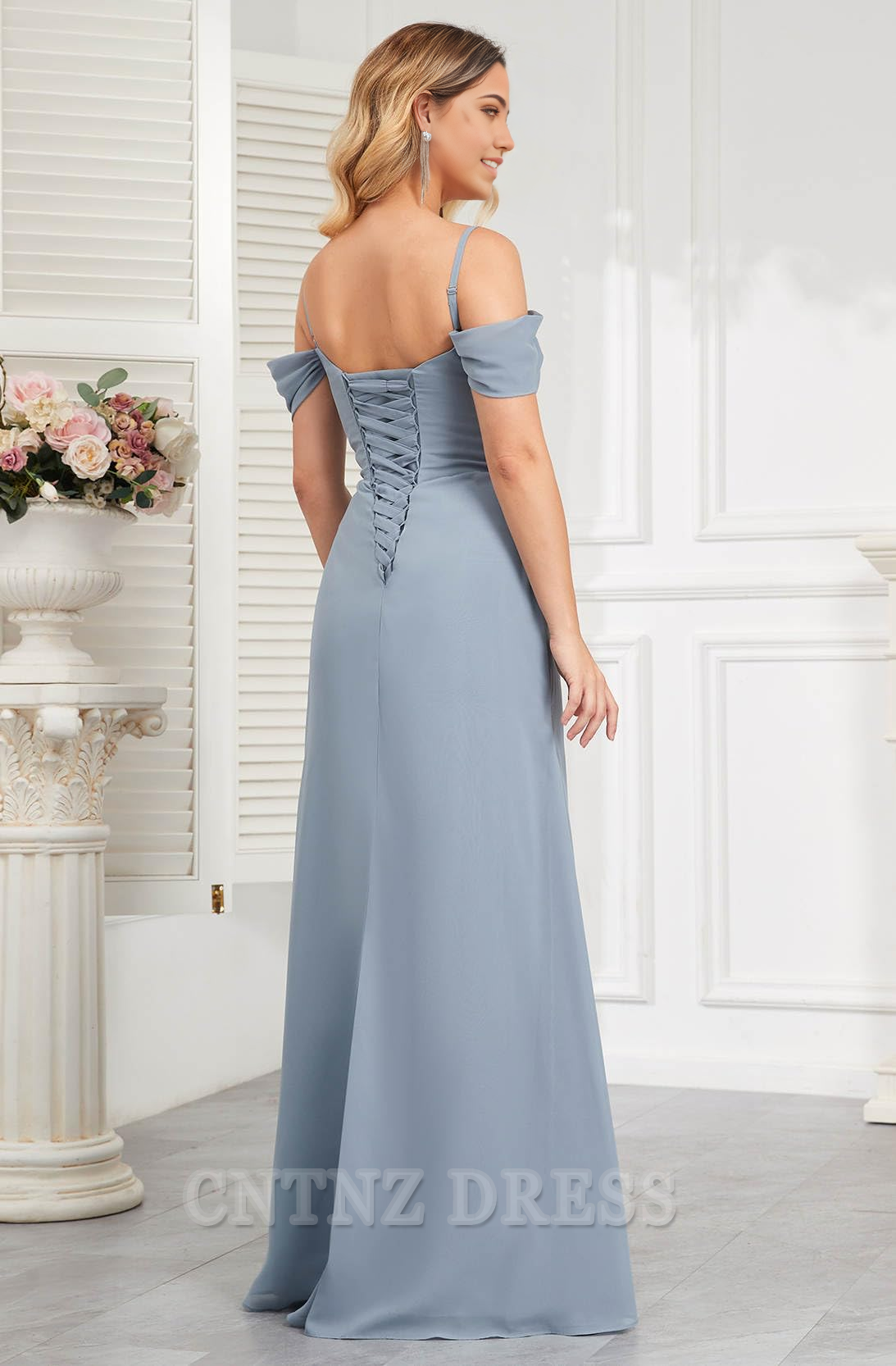 Wholesa A-line Off The Shoulder Pleated Chiffon Long formal dresses Bridesmaid Dresses evening gown Prom Dress with Slit