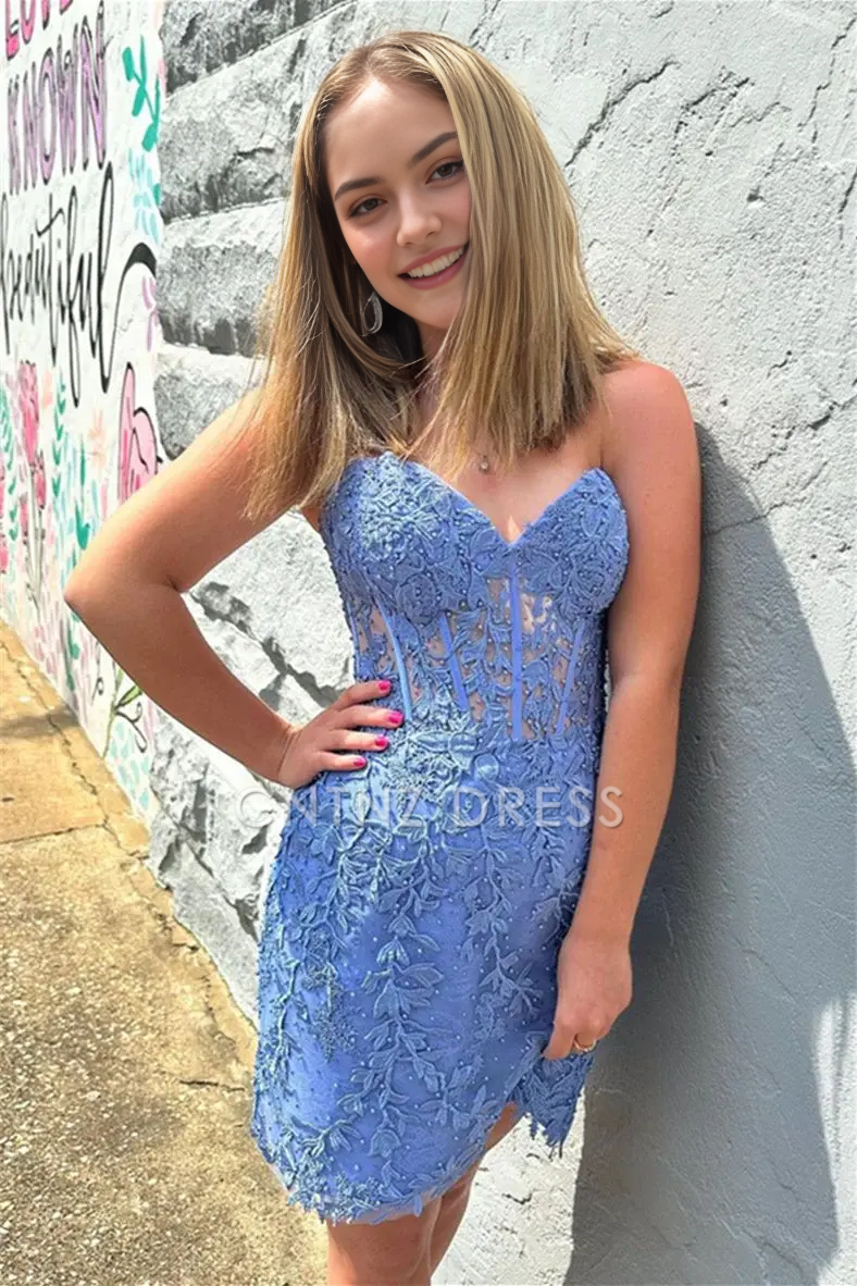 CNTNZ DRESS Hot Sale Homecoming Dress Sheath Strapless Sweetheart Neckline Lace Applique Exquisite Short Dress