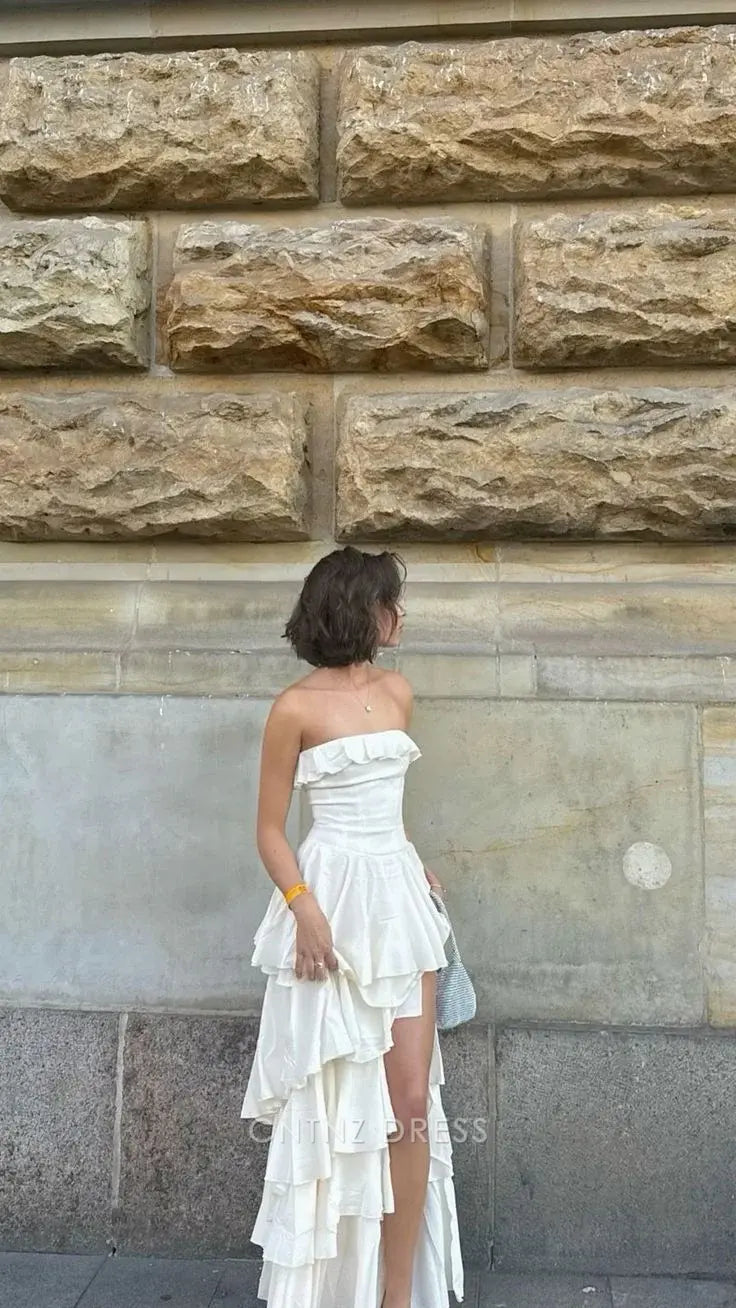 Wholesa A-line Elegant Strapless Satin Layered Slit formal dresses Bridesmaid Dresses evening gown Prom Dress