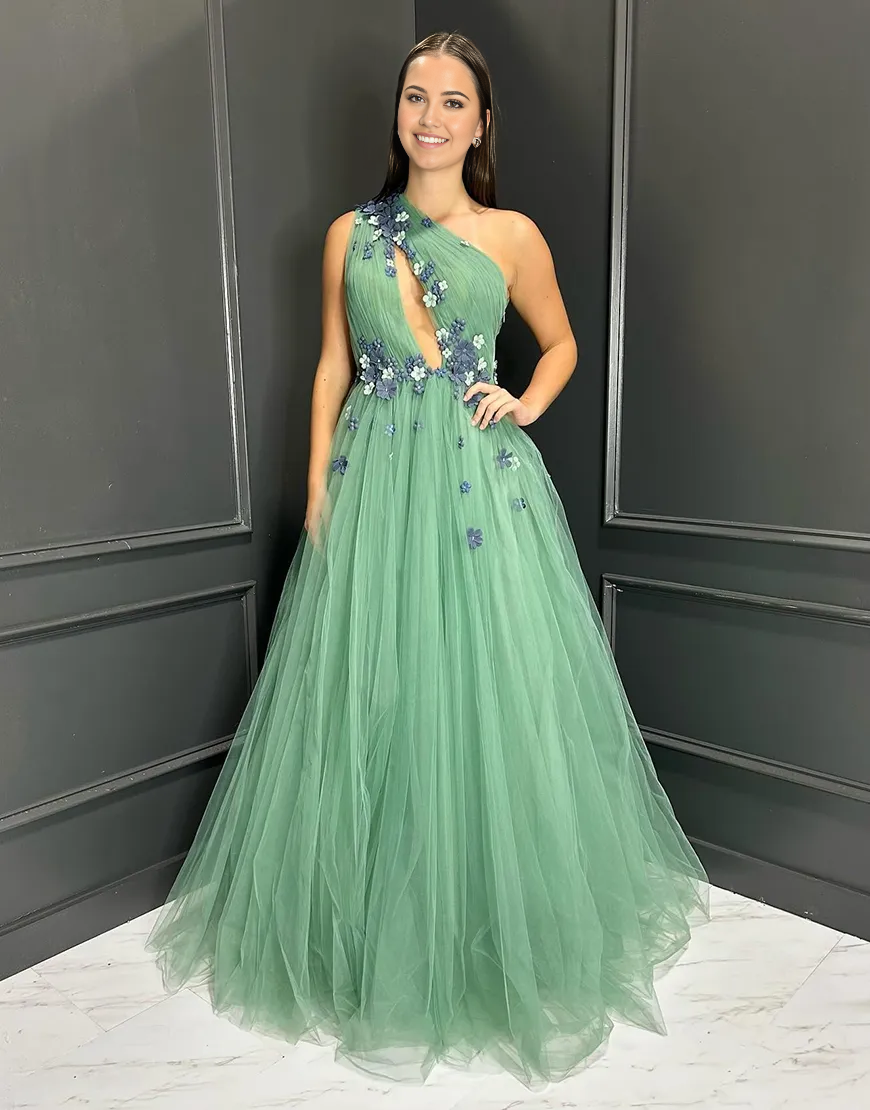 Wholesa A-Line Sparkly One Shoulder Flowers Tulle Green Long formal dresses evening gown Prom Dress