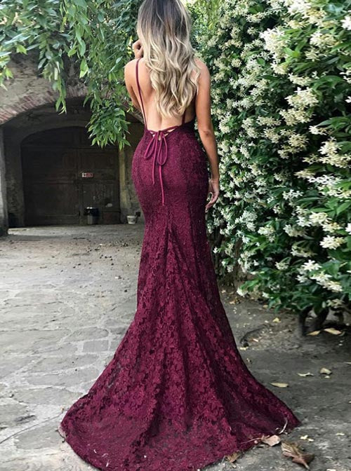 Wholesa Mermaid V-neck Lace Spaghetti Straps Train Prom Dresses