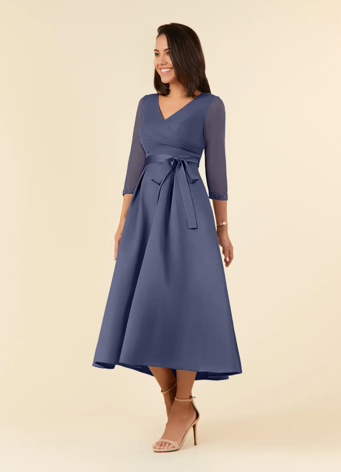 Wholesa A-Line V-Neck Pleated Tea Length Stormy formal dresses evening dress Mother of the Bride Dresses