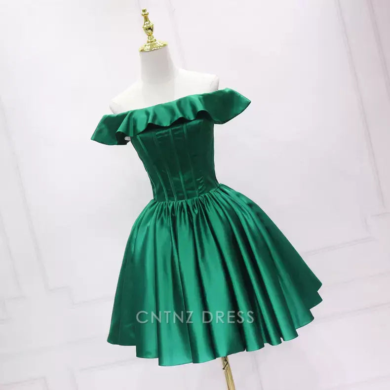 Wholesa A-line Rufflues Neckline Satin Dark Green Homecoming Dress formal dresses Bridesmaid Dresses evening gown Prom Dress