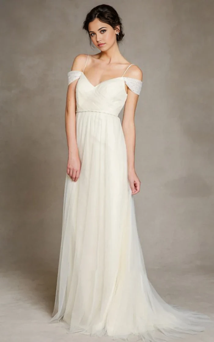 Wholesa A-Line Off-the-Shoulder Spaghetti Straps Tulle Long Wedding Dress