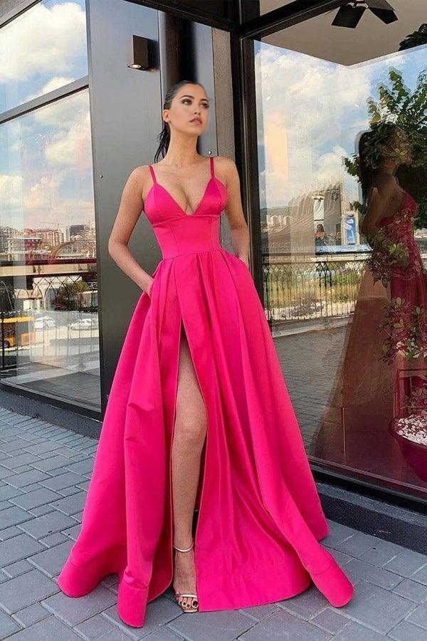 Wholesa A Line V Neck Gray Red Pink Satin Split Prom Dresses Formal Dresses